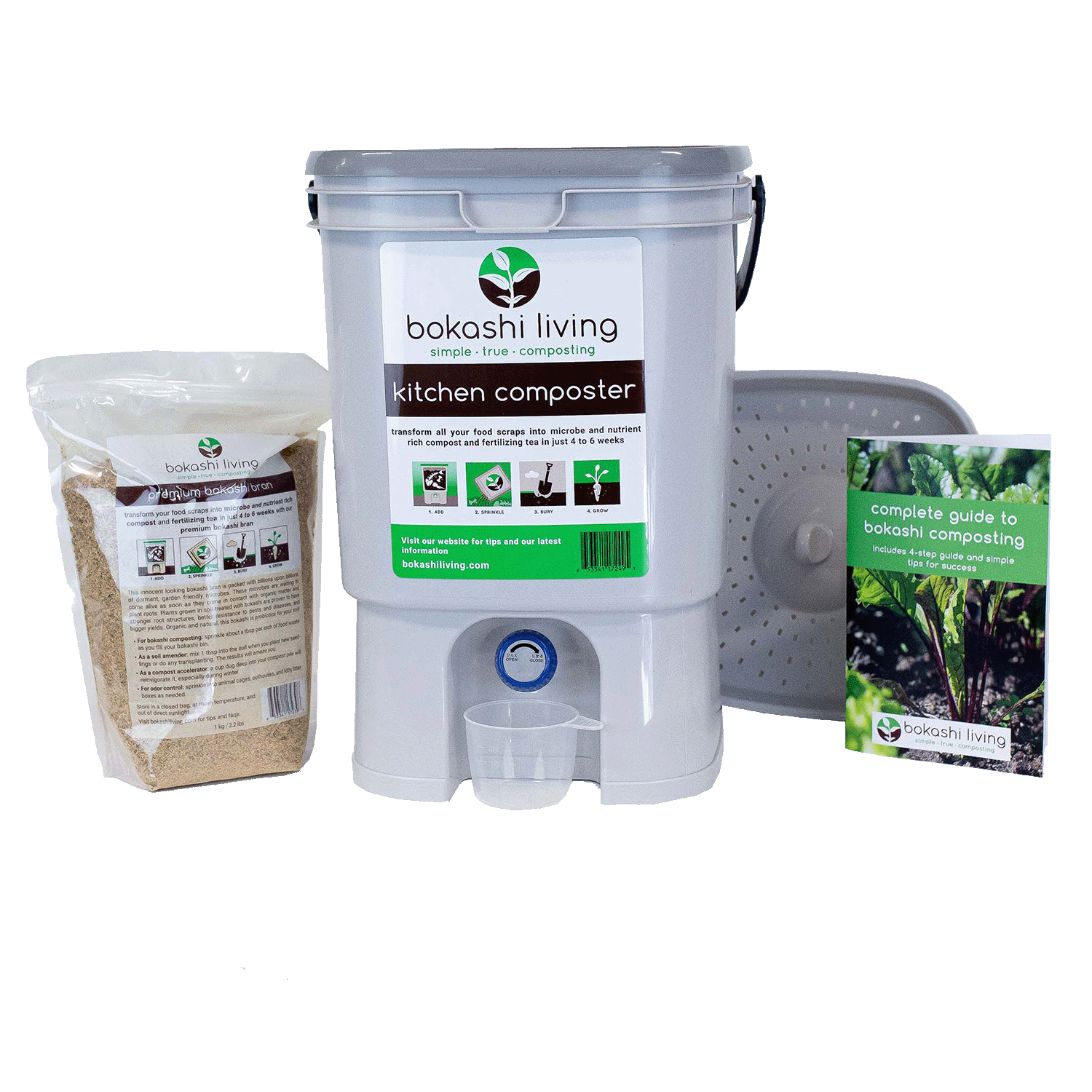 Bokashi One Composting Bucket - 20L Tan With Green Lid, Indoor Kitchen Compost Bin