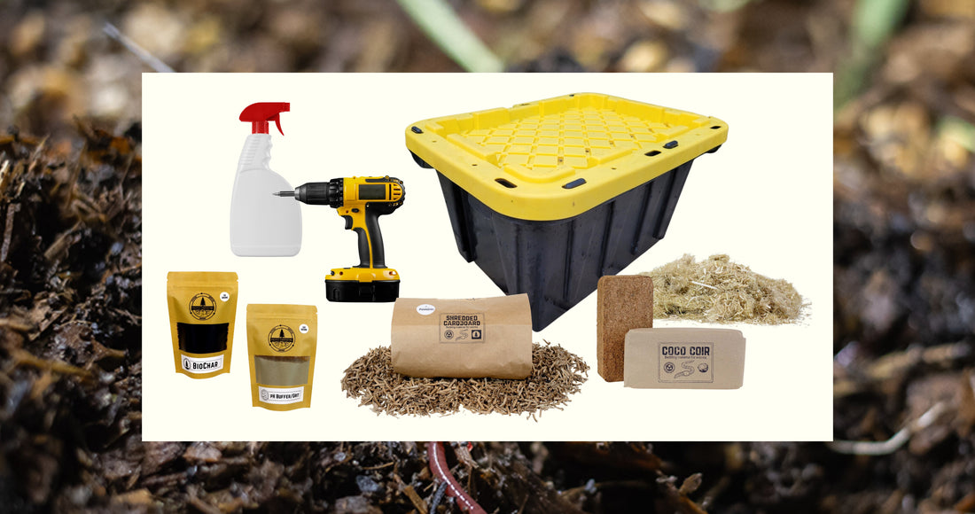DIY worm bin setup with drilled plastic tote, drainage tray, and ventilation holes